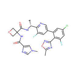 Cc1nc(-c2c(F)cc(Cl)cc2-c2cnc([C@@H](C)NC(=O)C3(NC(=O)c4cn(C)cn4)COC3)c(F)c2)no1 ZINC000169710388