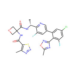 Cc1nc(-c2c(F)cc(Cl)cc2-c2cnc([C@@H](C)NC(=O)C3(NC(=O)c4snnc4C)COC3)c(F)c2)no1 ZINC000169710370