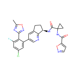 Cc1nc(-c2c(F)cc(Cl)cc2-c2cnc3c(c2)CC[C@H]3NC(=O)C2(NC(=O)c3ccno3)CC2)no1 ZINC000142263408