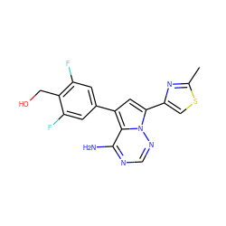 Cc1nc(-c2cc(-c3cc(F)c(CO)c(F)c3)c3c(N)ncnn23)cs1 ZINC000206408822
