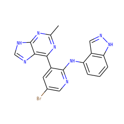 Cc1nc(-c2cc(Br)cnc2Nc2cccc3[nH]ncc23)c2nc[nH]c2n1 ZINC000113233655