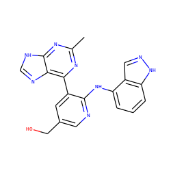 Cc1nc(-c2cc(CO)cnc2Nc2cccc3[nH]ncc23)c2nc[nH]c2n1 ZINC000113149802