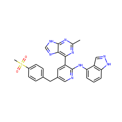 Cc1nc(-c2cc(Cc3ccc(S(C)(=O)=O)cc3)cnc2Nc2cccc3[nH]ncc23)c2nc[nH]c2n1 ZINC000113236623
