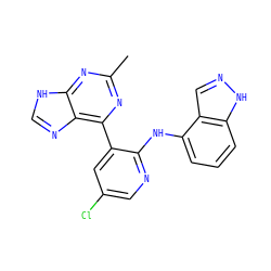 Cc1nc(-c2cc(Cl)cnc2Nc2cccc3[nH]ncc23)c2nc[nH]c2n1 ZINC000113237437
