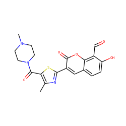 Cc1nc(-c2cc3ccc(O)c(C=O)c3oc2=O)sc1C(=O)N1CCN(C)CC1 ZINC000261175763