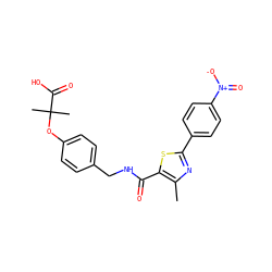 Cc1nc(-c2ccc([N+](=O)[O-])cc2)sc1C(=O)NCc1ccc(OC(C)(C)C(=O)O)cc1 ZINC000038151296