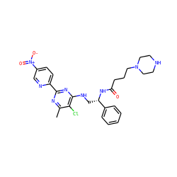 Cc1nc(-c2ccc([N+](=O)[O-])cn2)nc(NC[C@H](NC(=O)CCCN2CCNCC2)c2ccccc2)c1Cl ZINC000096271227