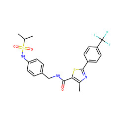 Cc1nc(-c2ccc(C(F)(F)F)cc2)sc1C(=O)NCc1ccc(NS(=O)(=O)C(C)C)cc1 ZINC000028978818