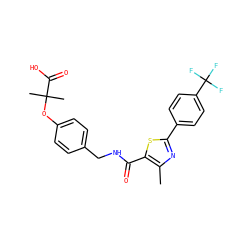 Cc1nc(-c2ccc(C(F)(F)F)cc2)sc1C(=O)NCc1ccc(OC(C)(C)C(=O)O)cc1 ZINC000016052349