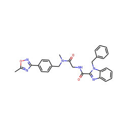 Cc1nc(-c2ccc(CN(C)C(=O)CNC(=O)c3nc4ccccc4n3Cc3ccccc3)cc2)no1 ZINC000045497236