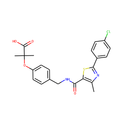 Cc1nc(-c2ccc(Cl)cc2)sc1C(=O)NCc1ccc(OC(C)(C)C(=O)O)cc1 ZINC000037866953