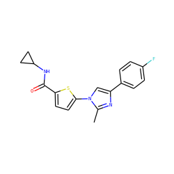 Cc1nc(-c2ccc(F)cc2)cn1-c1ccc(C(=O)NC2CC2)s1 ZINC000169701617