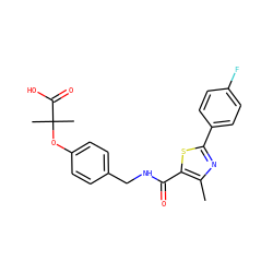 Cc1nc(-c2ccc(F)cc2)sc1C(=O)NCc1ccc(OC(C)(C)C(=O)O)cc1 ZINC000034351362