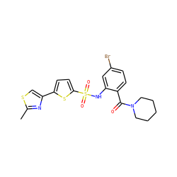 Cc1nc(-c2ccc(S(=O)(=O)Nc3cc(Br)ccc3C(=O)N3CCCCC3)s2)cs1 ZINC000028969369