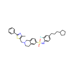 Cc1nc(-c2ccccc2)sc1CN1CCc2cc(S(=O)(=O)Nc3ccc(CCCC4CCCC4)cc3F)ccc2C1 ZINC000261142952