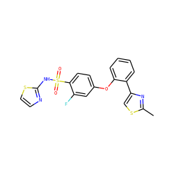 Cc1nc(-c2ccccc2Oc2ccc(S(=O)(=O)Nc3nccs3)c(F)c2)cs1 ZINC000095581665