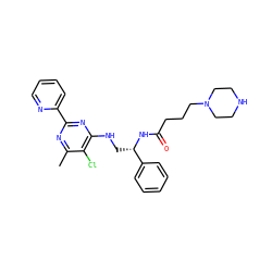 Cc1nc(-c2ccccn2)nc(NC[C@H](NC(=O)CCCN2CCNCC2)c2ccccc2)c1Cl ZINC000096271242