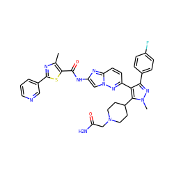 Cc1nc(-c2cccnc2)sc1C(=O)Nc1cn2nc(-c3c(-c4ccc(F)cc4)nn(C)c3C3CCN(CC(N)=O)CC3)ccc2n1 ZINC000219843367