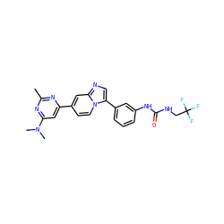 Cc1nc(-c2ccn3c(-c4cccc(NC(=O)NCC(F)(F)F)c4)cnc3c2)cc(N(C)C)n1 ZINC000169704664