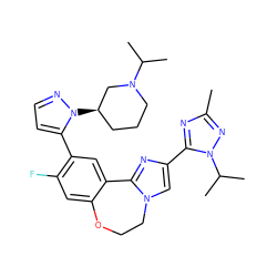 Cc1nc(-c2cn3c(n2)-c2cc(-c4ccnn4[C@@H]4CCCN(C(C)C)C4)c(F)cc2OCC3)n(C(C)C)n1 ZINC000144273455