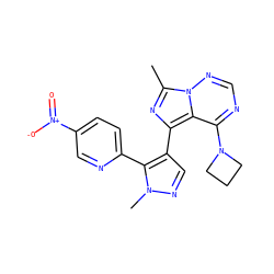 Cc1nc(-c2cnn(C)c2-c2ccc([N+](=O)[O-])cn2)c2c(N3CCC3)ncnn12 ZINC000169697395