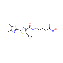Cc1nc(-c2nc(C(=O)NCCCCC(=O)NO)c(C3CC3)s2)sc1C ZINC000147365653