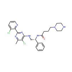 Cc1nc(-c2ncccc2Cl)nc(NC[C@H](NC(=O)CCCN2CCNCC2)c2ccccc2)c1Cl ZINC000096271232