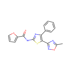 Cc1nc(-c2sc(NC(=O)c3ccco3)nc2-c2ccccc2)no1 ZINC000058581651