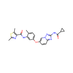 Cc1nc(C(=O)Nc2cc(Oc3ccc4nc(NC(=O)C5CC5)nn4c3)ccc2C)c(C)s1 ZINC000096916324