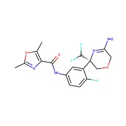 Cc1nc(C(=O)Nc2ccc(F)c([C@]3(C(F)F)COCC(N)=N3)c2)c(C)o1 ZINC000113655344