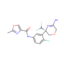 Cc1nc(C(=O)Nc2ccc(F)c([C@]3(C(F)F)COCC(N)=N3)c2)co1 ZINC000113657313