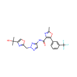 Cc1nc(C(=O)Nc2cnn(Cc3nc(C(C)(C)O)co3)n2)c(-c2cccc(C(F)(F)F)c2)o1 ZINC000200098694