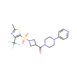 Cc1nc(C(F)(F)F)c(S(=O)(=O)N2CC(C(=O)N3CCN(c4ccncc4)CC3)C2)s1 ZINC000084672238
