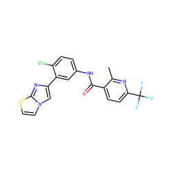 Cc1nc(C(F)(F)F)ccc1C(=O)Nc1ccc(Cl)c(-c2cn3ccsc3n2)c1 ZINC000045320709