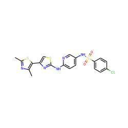 Cc1nc(C)c(-c2csc(Nc3ccc(NS(=O)(=O)c4ccc(Cl)cc4)cn3)n2)s1 ZINC001772635943