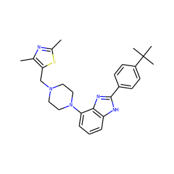 Cc1nc(C)c(CN2CCN(c3cccc4[nH]c(-c5ccc(C(C)(C)C)cc5)nc34)CC2)s1 ZINC000040952650
