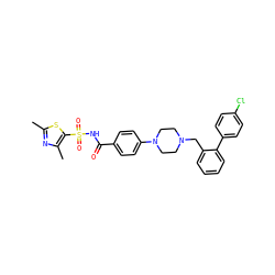 Cc1nc(C)c(S(=O)(=O)NC(=O)c2ccc(N3CCN(Cc4ccccc4-c4ccc(Cl)cc4)CC3)cc2)s1 ZINC000140039222
