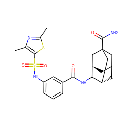 Cc1nc(C)c(S(=O)(=O)Nc2cccc(C(=O)NC3[C@H]4CC5C[C@H]3CC(C(N)=O)(C5)C4)c2)s1 ZINC001772603540