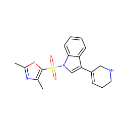 Cc1nc(C)c(S(=O)(=O)n2cc(C3=CCCNC3)c3ccccc32)o1 ZINC000028525810