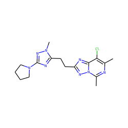 Cc1nc(C)n2nc(CCc3nc(N4CCCC4)nn3C)nc2c1Cl ZINC000210663383