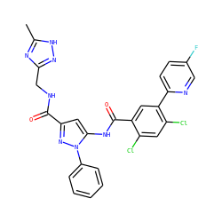 Cc1nc(CNC(=O)c2cc(NC(=O)c3cc(-c4ccc(F)cn4)c(Cl)cc3Cl)n(-c3ccccc3)n2)n[nH]1 ZINC001772634333