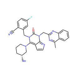 Cc1nc(Cn2c3nccc-3c(N3CCC[C@@H](N)C3)n(Cc3cc(F)ccc3C#N)c2=O)nc2ccccc12 ZINC000169710340