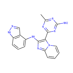 Cc1nc(N)nc(-c2c(Nc3cccc4[nH]ncc34)nc3ccccn23)n1 ZINC000168430654