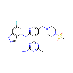 Cc1nc(N)nc(-c2cc(CN3CCN(S(C)(=O)=O)CC3)cnc2Nc2cc(F)cc3[nH]ncc23)n1 ZINC000113243165