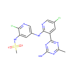 Cc1nc(N)nc(-c2cc(Cl)cnc2Nc2cnc(Cl)c(NS(C)(=O)=O)c2)n1 ZINC000095560162