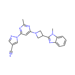 Cc1nc(N2CC(c3nc4ccccc4n3C)C2)cc(-n2cc(C#N)cn2)n1 ZINC000143096556