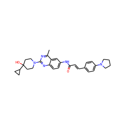 Cc1nc(N2CCC(O)(C3CC3)CC2)nc2ccc(NC(=O)/C=C/c3ccc(N4CCCC4)cc3)cc12 ZINC000084617368