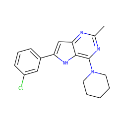 Cc1nc(N2CCCCC2)c2[nH]c(-c3cccc(Cl)c3)cc2n1 ZINC000013834952