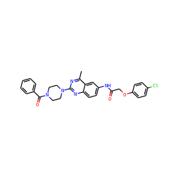 Cc1nc(N2CCN(C(=O)c3ccccc3)CC2)nc2ccc(NC(=O)COc3ccc(Cl)cc3)cc12 ZINC000084596563