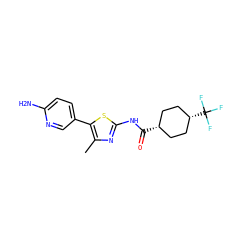 Cc1nc(NC(=O)[C@H]2CC[C@@H](C(F)(F)F)CC2)sc1-c1ccc(N)nc1 ZINC000261086055